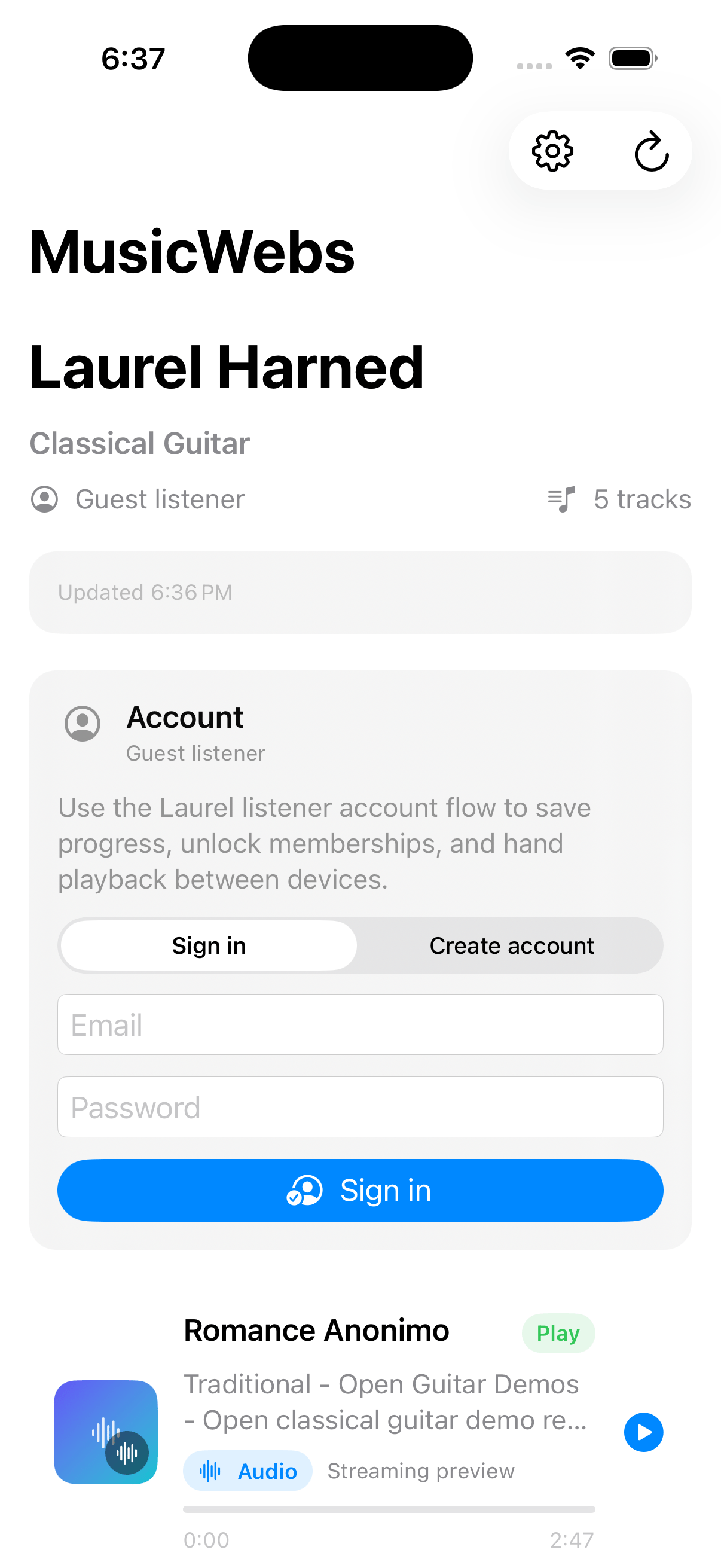 iOS native account panel with sign-in and create-account controls