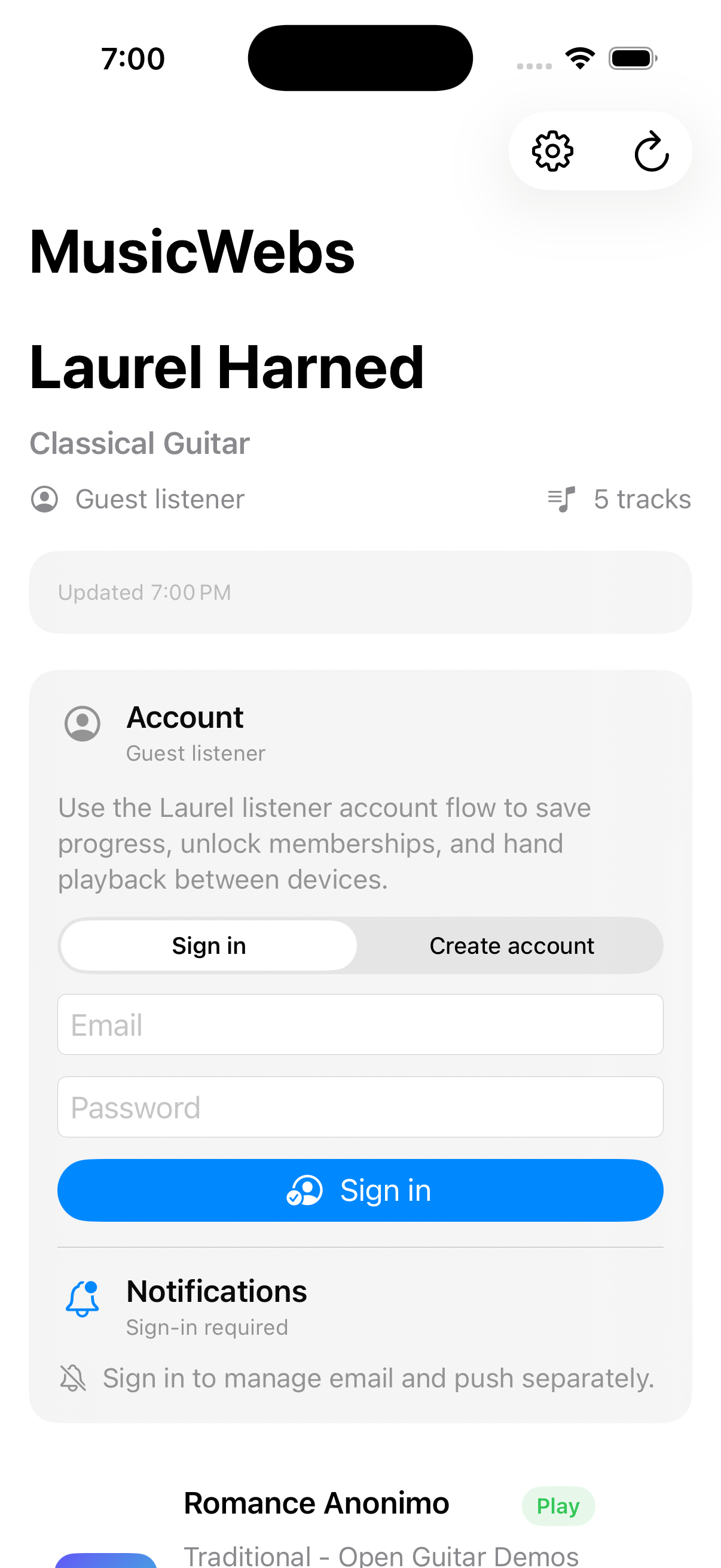 iOS native notification settings in the Account panel