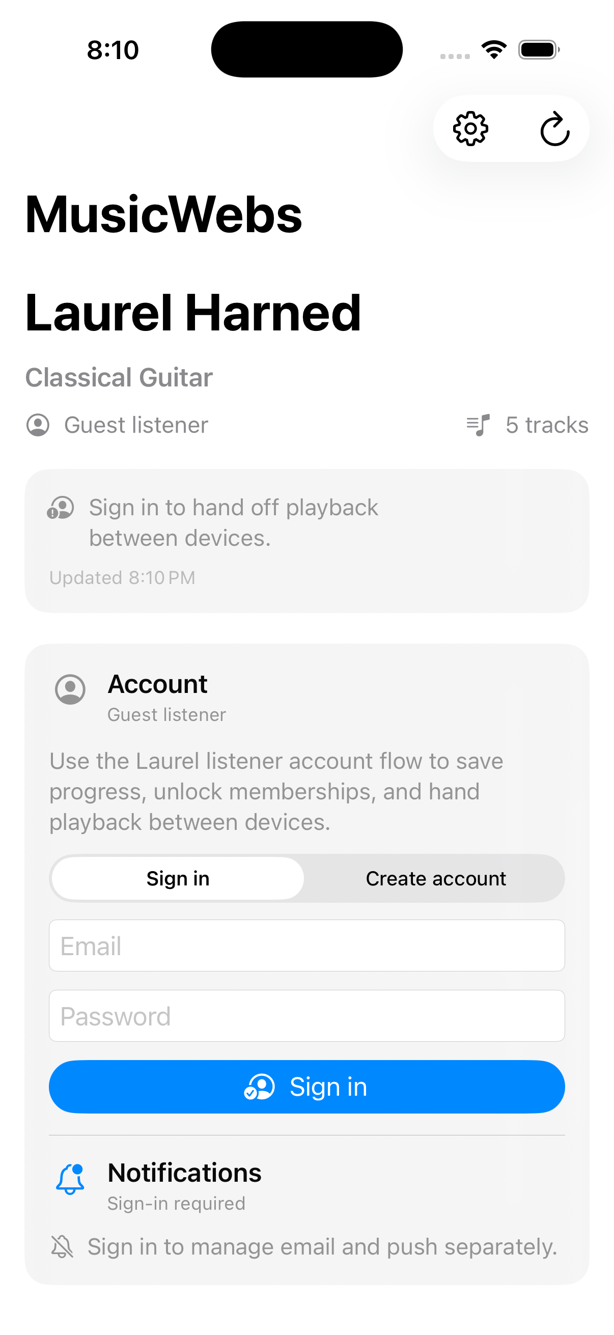 iOS listener shell signed out with the artist live companion hidden until admin sign-in