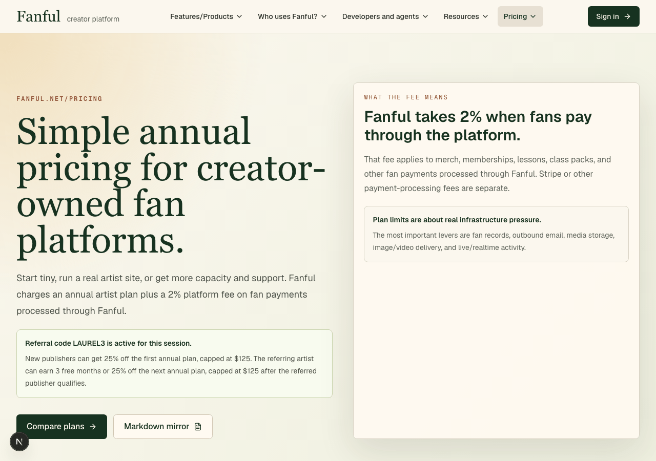 Fanful pricing page with the LAUREL3 referral code captured