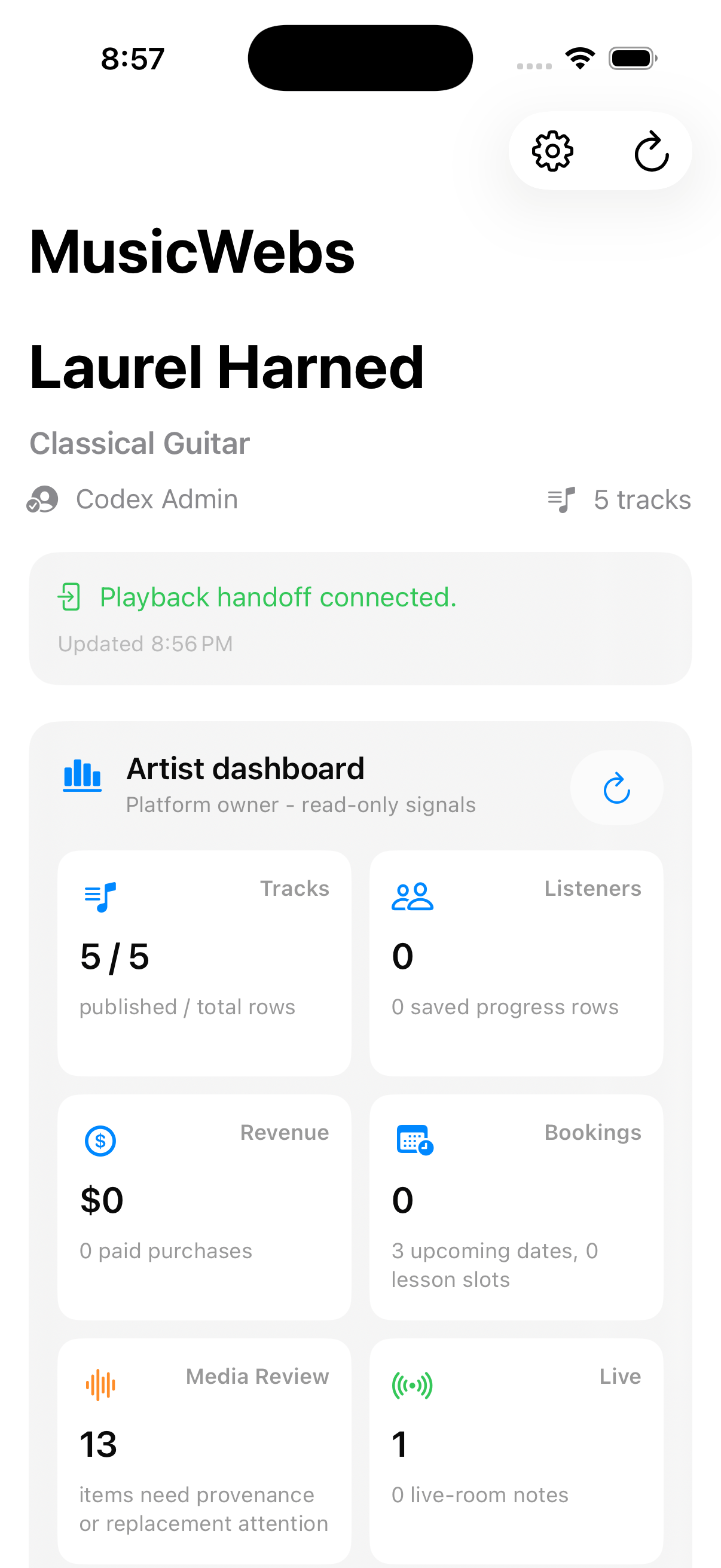 iOS artist dashboard companion for an admin account