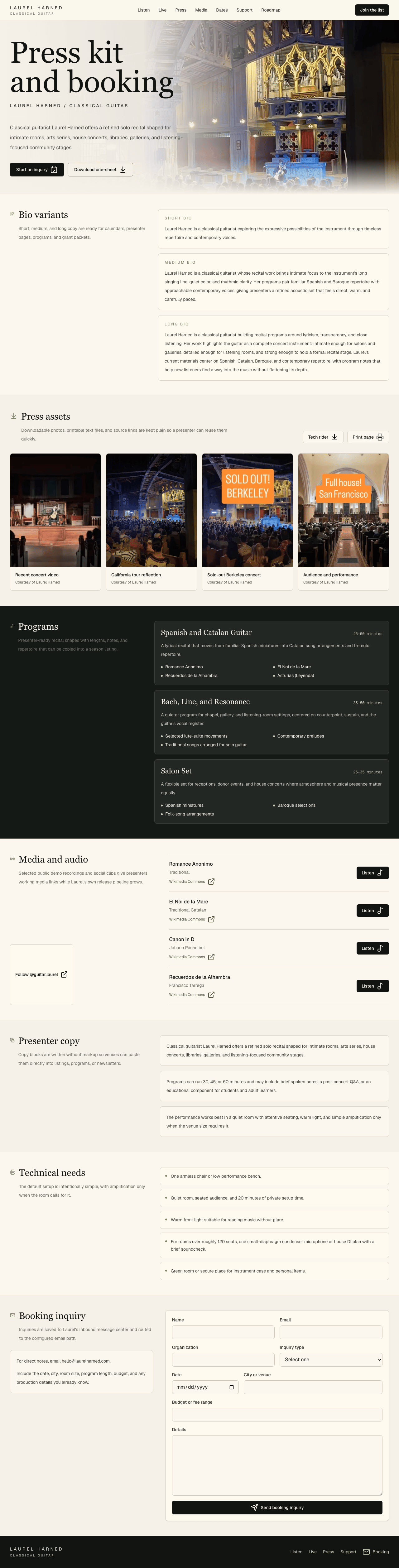 Electronic press kit and booking inquiry page